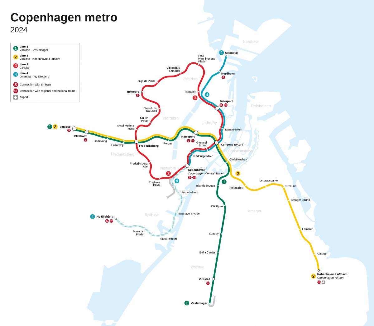 Mapa de las estaciones de metro de Copenhague