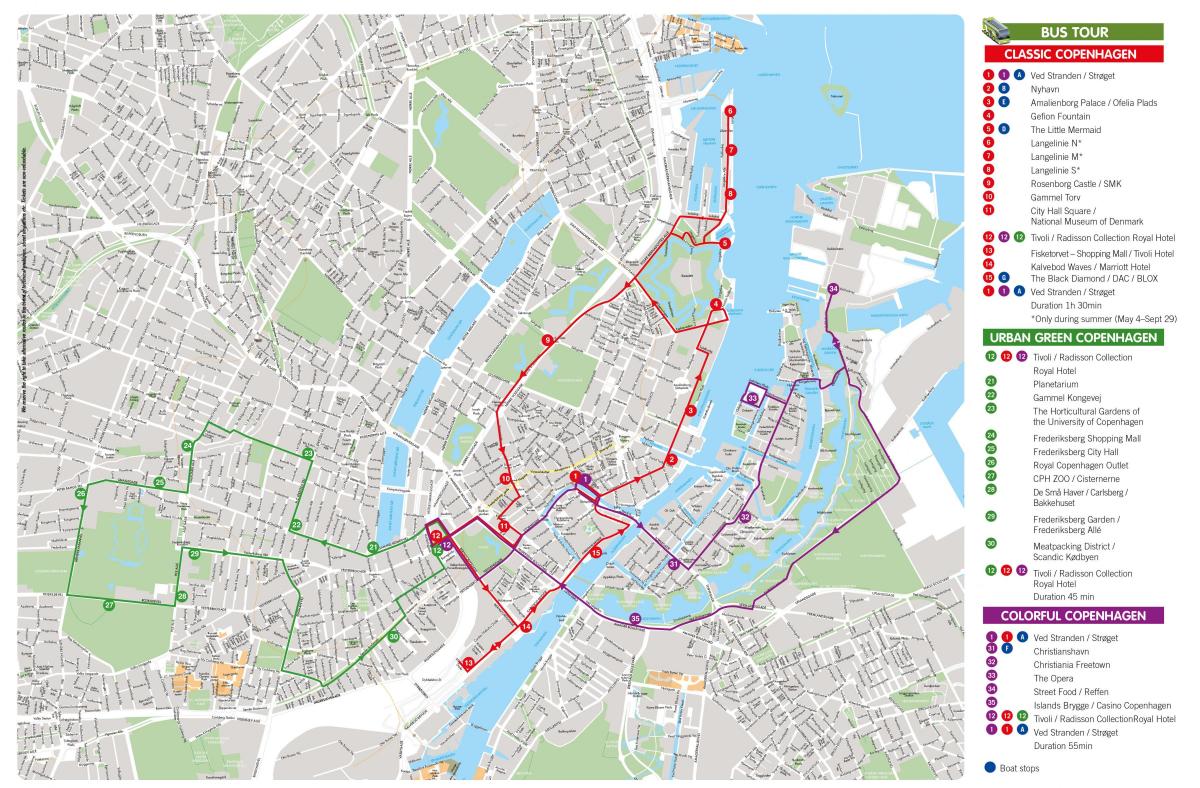 Mapa de las rutas de autobús Hop On Hop Off de Copenhague